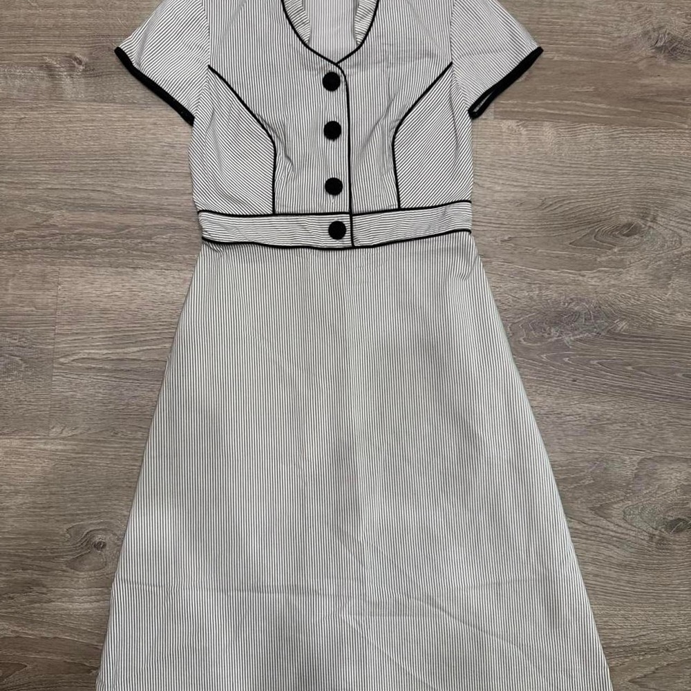 Cas Womens Black White Striped Button Front Midi Dress Size 6
